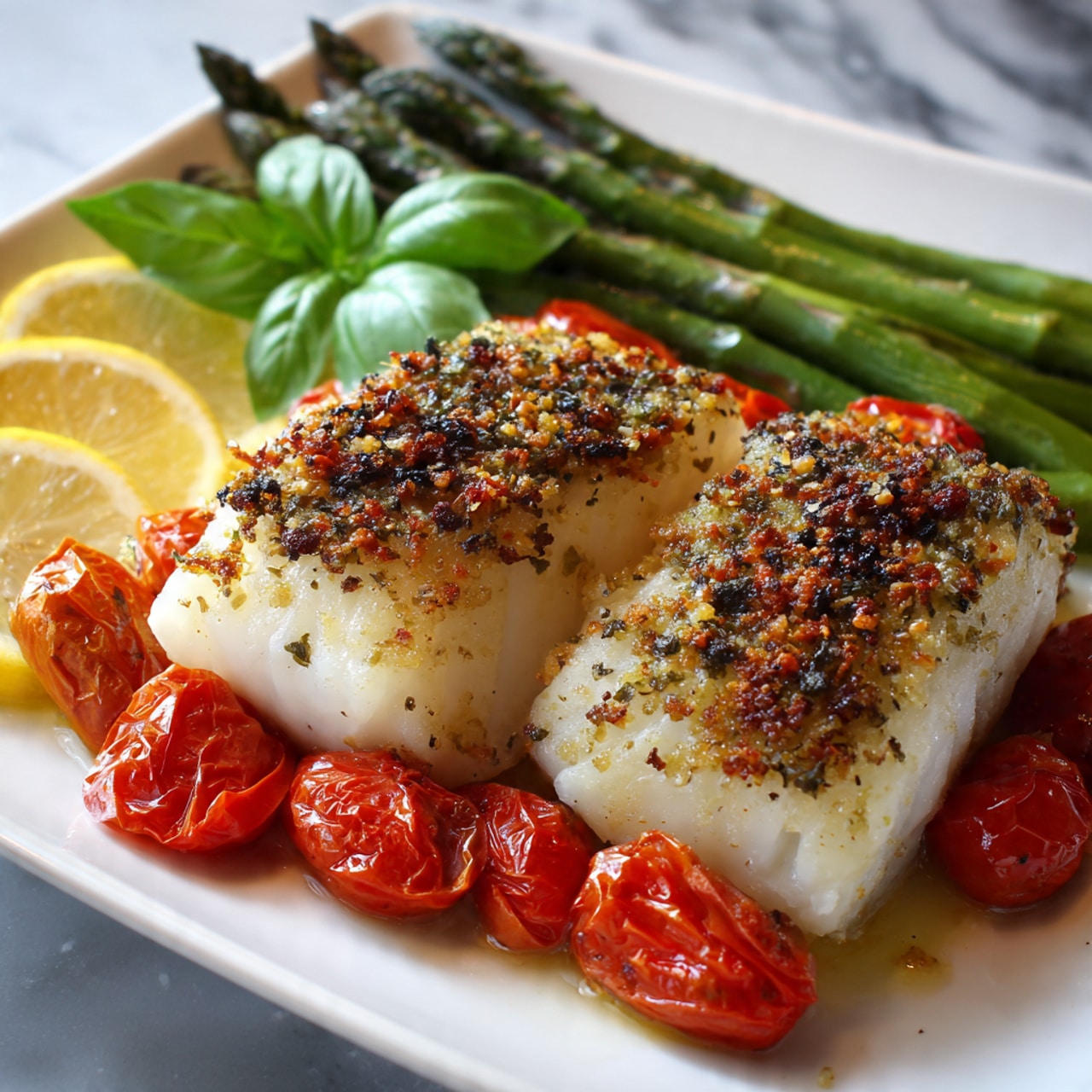 The image shows two thick, cooked white fish fillets with a golden-brown crust on top, placed side by side on a white plate. Behind the fish, there are bright green asparagus stalks arranged neatly, with several small roasted cherry tomatoes scattered on top. On the left side of the plate, there are three thin lemon slices, overlapping each other, adding a fresh yellow color. A fresh green basil leaf is placed near the lemons, adding a touch of color. The plate is set on a white marbled surface. The lighting highlights the textures of the fish and vegetables, making the meal look fresh and appetizing. photo taken with an iphone --ar 4:5 --v 7