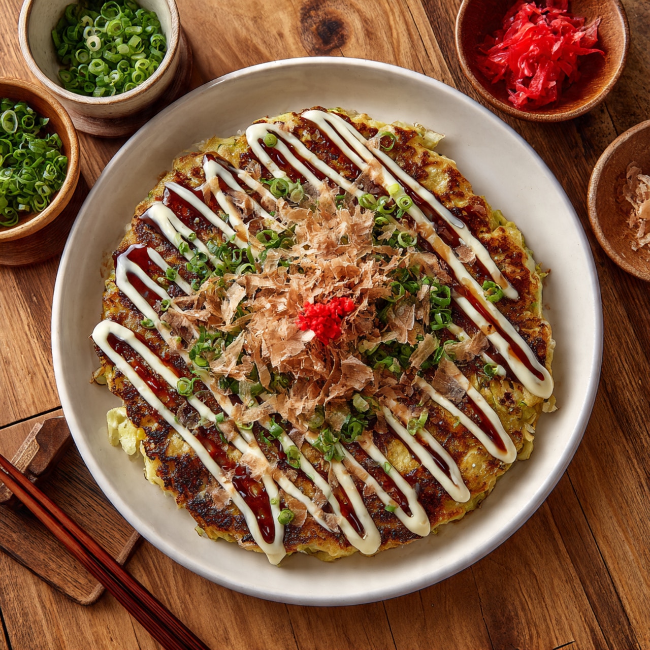 The dish is a round okonomiyaki pancake served on a white plate placed on a wooden surface. The pancake has a golden-brown base layer with visible bits of cabbage and other ingredients. On top, there is a thick, dark brown sauce spread in lines across the surface, followed by a zigzag drizzle of creamy white mayonnaise. Thin, light brown bonito flakes are scattered over the top, along with small green onion slices and tiny red bits of pickled ginger in the center. The texture looks crispy on the edges and soft inside. Around the plate, there are wooden chopsticks resting on a wooden chopstick holder, and nearby, bowls with green onions, red pickled ginger, and bonito flakes are partially visible. photo taken with an iphone --ar 4:5 --v 7
