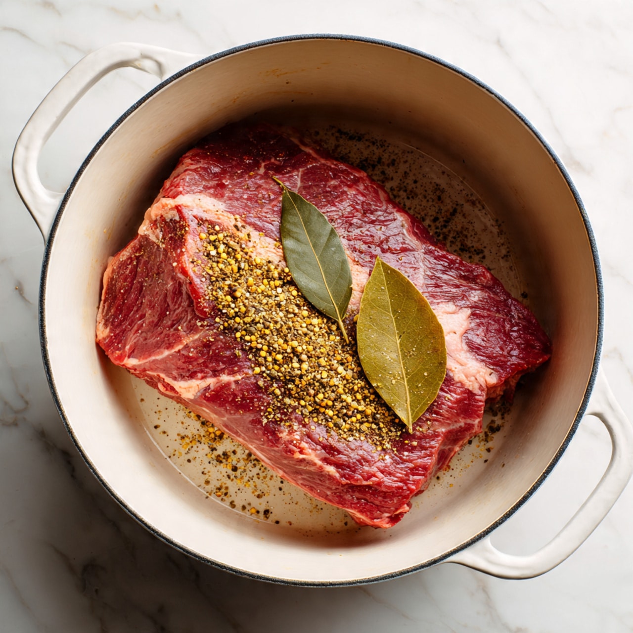 A large piece of raw red meat with light marbling sits flat inside a white pot with thick walls and two handles. On top of the meat, there is a mix of small yellow, brown, and black spices scattered mostly in the center, along with two dried bay leaves placed side by side. The pot is on a white marbled surface that fills the background, creating a clean and bright setting. photo taken with an iphone --ar 4:5 --v 7