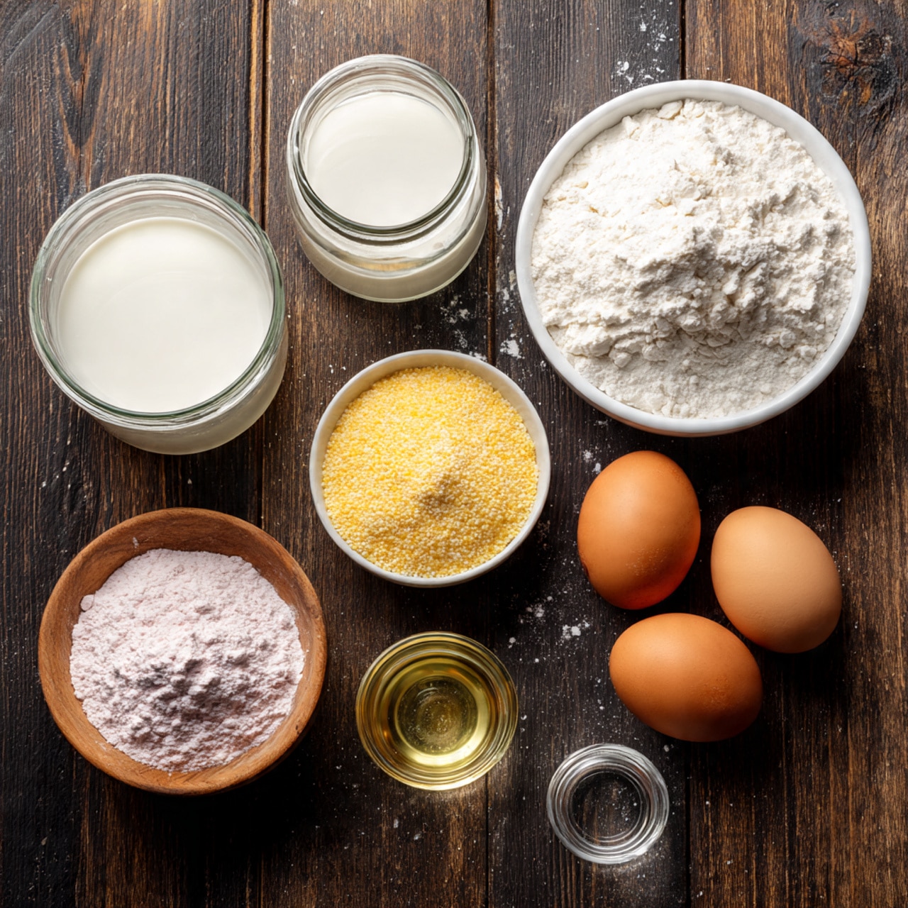 The image shows ingredients placed on a dark wooden surface with a white marbled texture. There is a glass jar with white liquid on the top left, a white bowl filled with white flour to the right of it, and a white bowl below the flour filled with yellow cornmeal. Two brown eggs are positioned on the right, next to a small white bowl containing a golden liquid, with another small glass bowl holding a clear liquid below it. In the bottom left corner, there is a wooden bowl with white and pink powders. Photo taken with an iphone --ar 4:5 --v 7