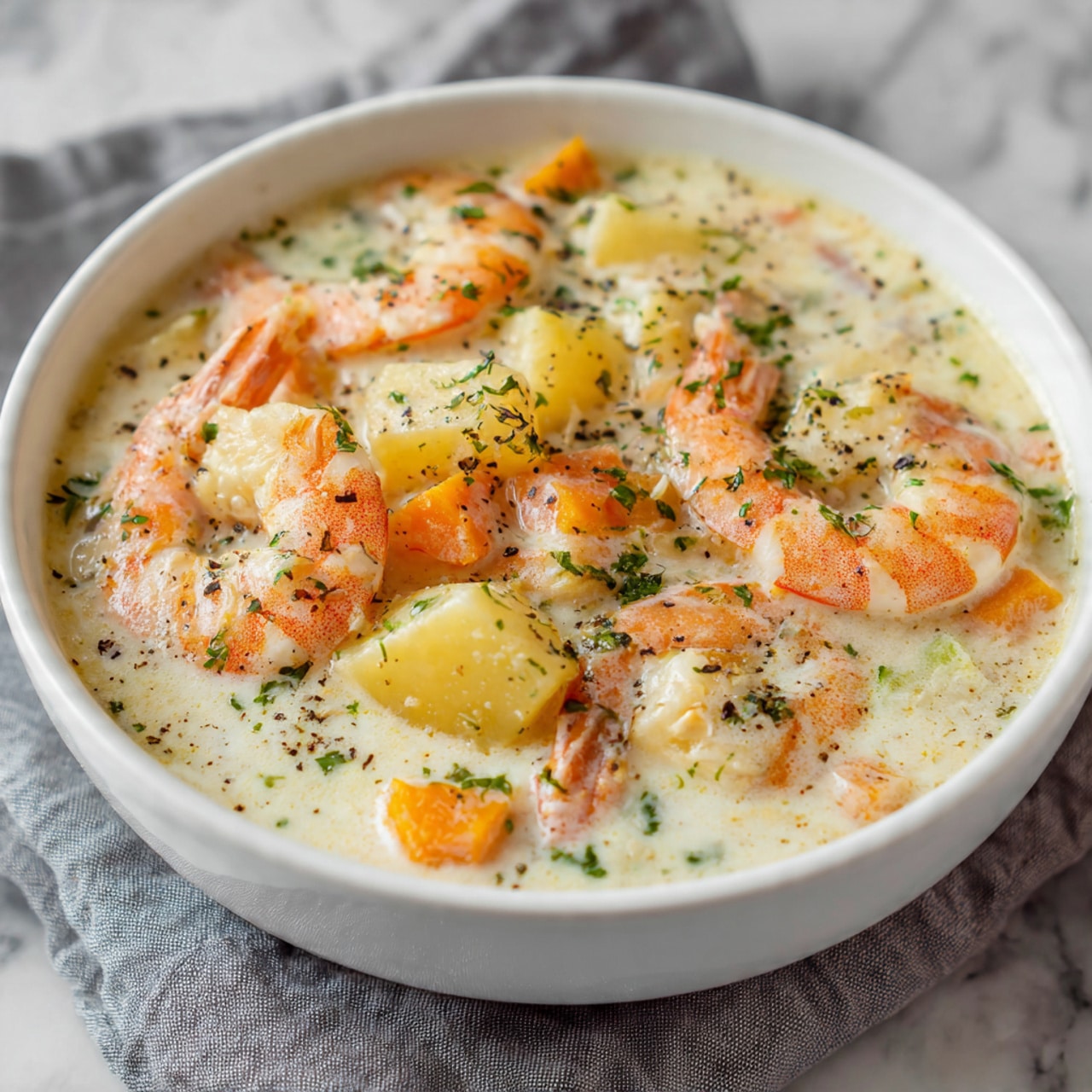 A white bowl filled with creamy soup that has large pieces of shrimp with orange and white stripes spread evenly throughout the soup. The soup also contains small chunks of light yellow potatoes and orange carrot slices, all mixed into a thick white creamy broth. Green herb bits are sprinkled on top, along with small black pepper specks, giving the soup a fresh and seasoned look. The bowl sits on a soft gray cloth, with a blurred background and a white marbled surface visible. photo taken with an iphone --ar 4:5 --v 7