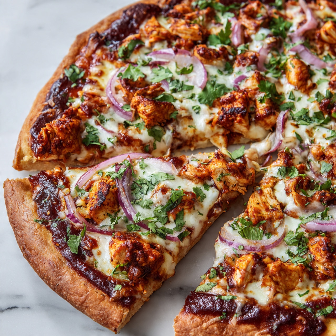 A close-up view of a pizza with a golden-brown thick crust as the base layer, topped with a rich layer of barbecue sauce that peeks through melted white mozzarella cheese. On top, there are chunks of cooked chicken with a reddish-orange color from the barbecue seasoning, thin slices of purple-red onion scattered evenly, and small pieces of fresh green cilantro spread across the pizza. The pizza is sliced, showing one slice slightly pulled away but still touching the rest, all set against a white marbled surface. Photo taken with an iphone --ar 4:5 --v 7