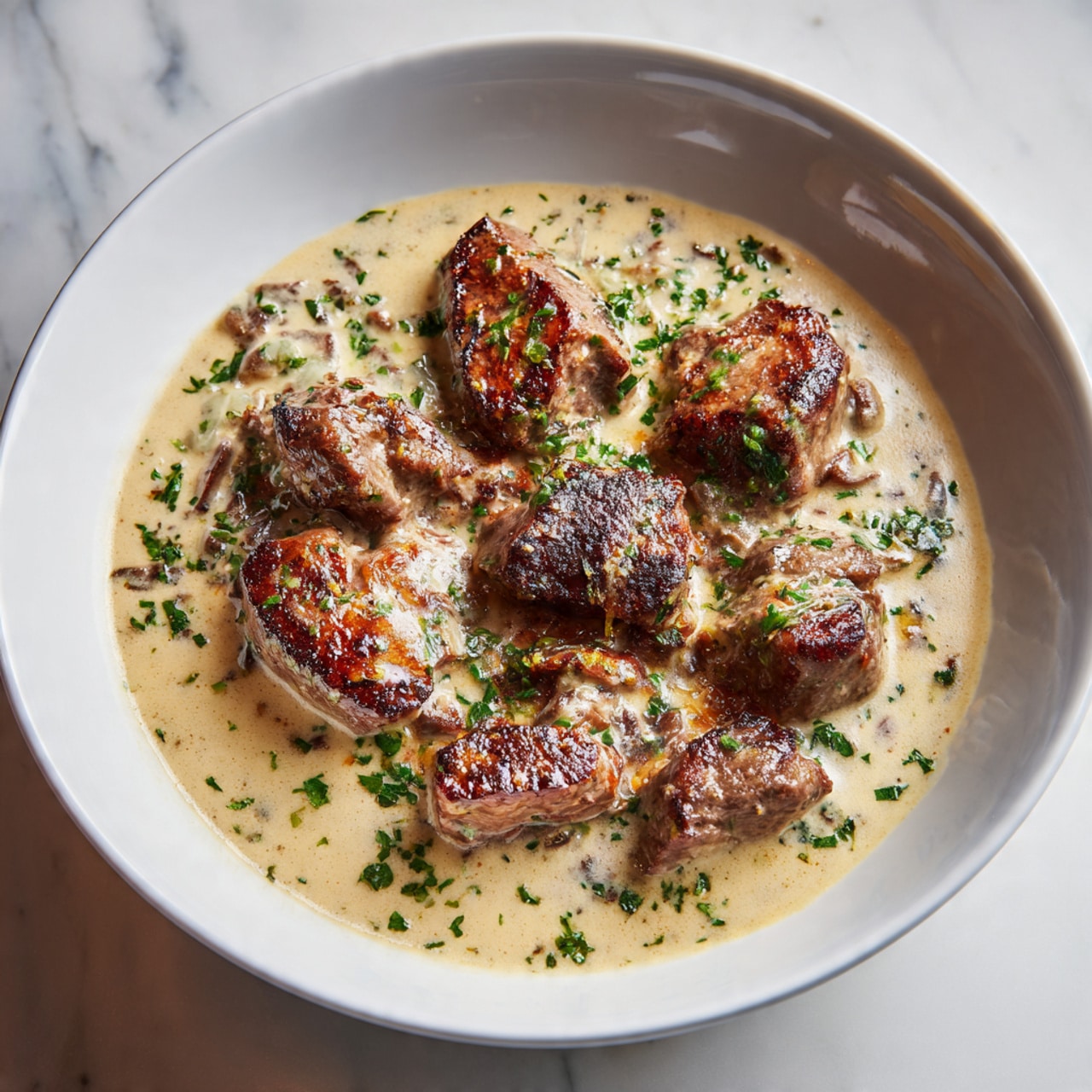 The image shows a white bowl filled with several browned pieces of meat sitting in a creamy sauce. The sauce is light beige with green herbs sprinkled throughout, creating a slight speckled effect. The meat pieces have a charred, textured surface with orange and brown tones and are bathed in the smooth, thick sauce that spreads evenly in the bowl. The bowl rests on a white marbled surface with soft lighting that highlights the rich colors and textures of the dish. Photo taken with an iphone --ar 4:5 --v 7