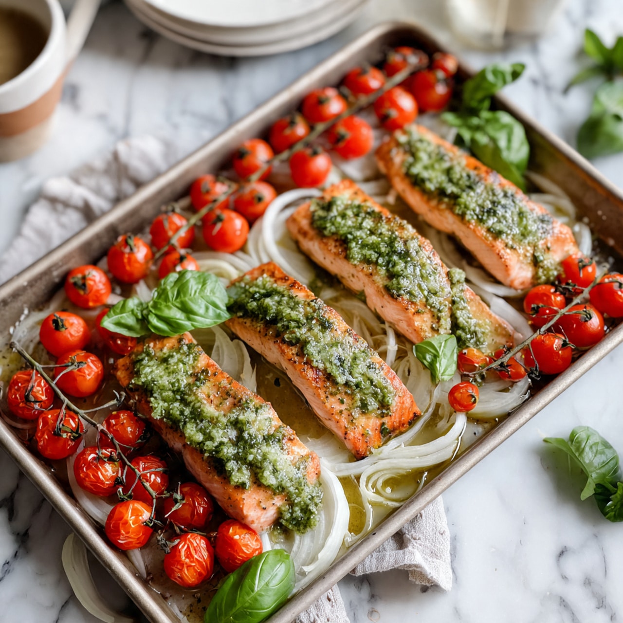 The image shows a tray with four pieces of cooked salmon, each topped with green herb sauce giving a textured look, placed on a bed of thin white onion slices. Surrounding the salmon are clusters of small, bright red cherry tomatoes still on their green stems. Fresh green basil leaves sit on top near the corner, adding a pop of fresh color. The tray is on a white marbled surface with a soft focus on white plates and a woman's hand holding a cup in the background. Photo taken with an iphone --ar 4:5 --v 7