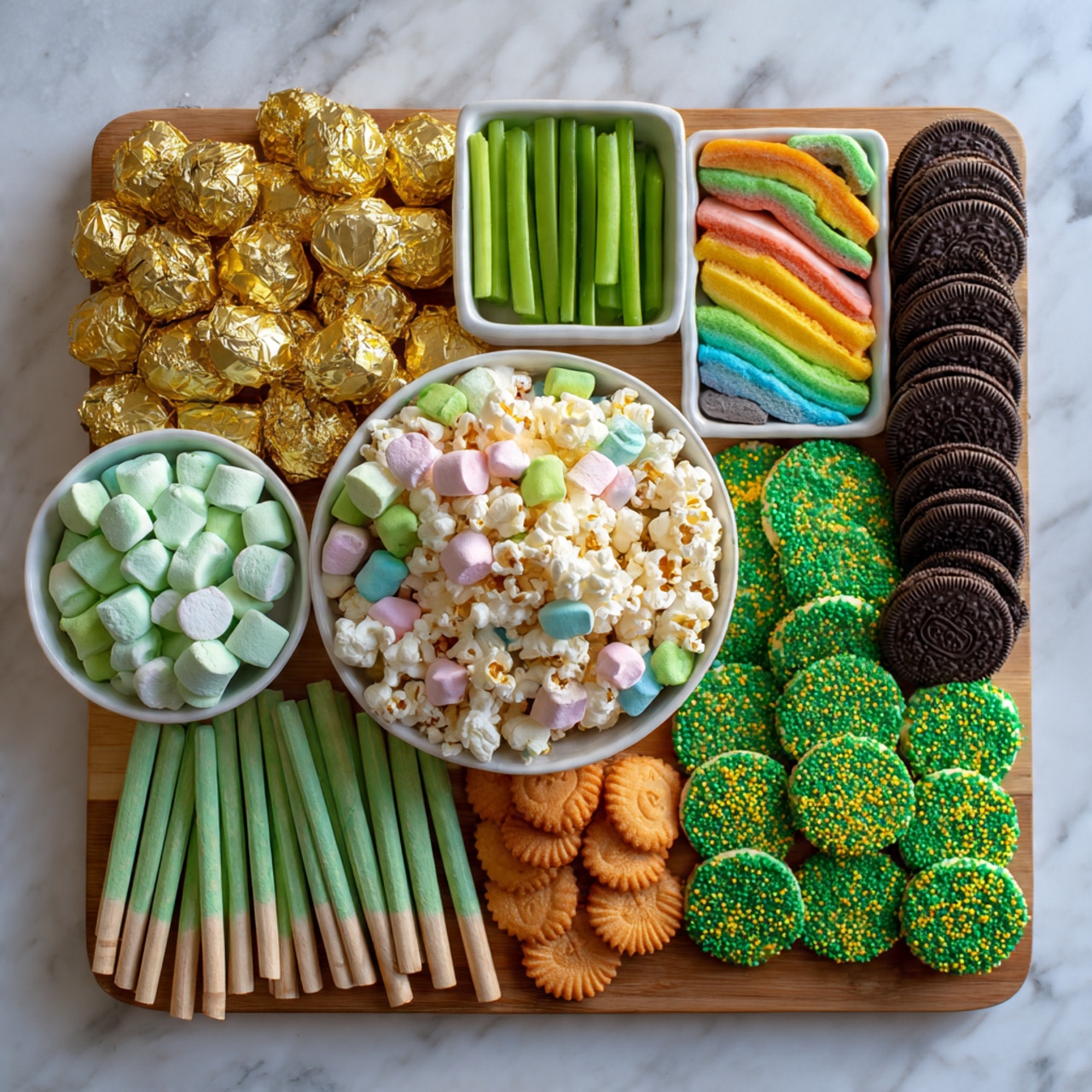 A large wooden board filled with colorful snacks and treats arranged in layers, starting with a white bowl of popcorn mixed with pastel rainbow marshmallows in the front left. Surrounding it are light green chocolate sticks, gold foil-wrapped chocolate coins, and orange fortune cookies stacked in a small pile. To the right are bright green rock candy sticks on wooden sticks and green frosted cookies with yellow and white round sprinkles, laid out in neat rows. A square white bowl at the back holds green candy-coated treats, with rainbow-colored sour strips and chocolate cookies stacked around the edges. The whole setup is on a white marbled surface. Photo taken with an iphone --ar 4:5 --v 7