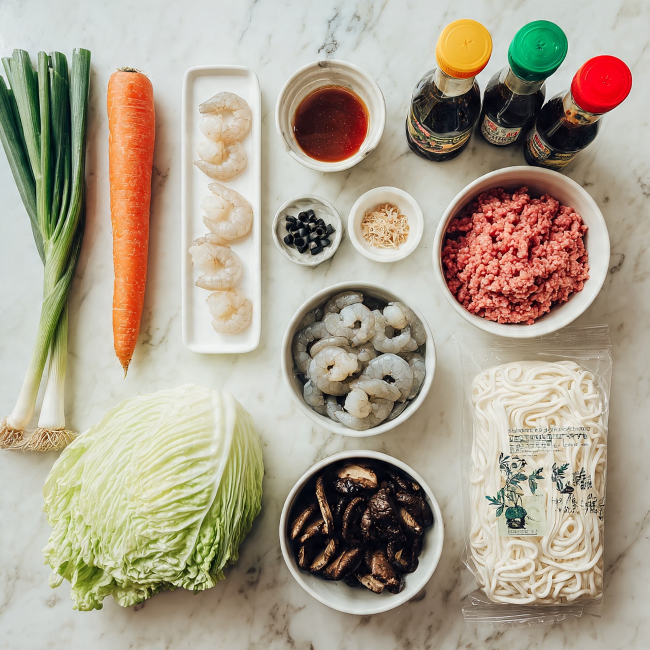 The image shows various cooking ingredients arranged neatly on a white marbled surface. There is one large carrot and two green onions placed on a white rectangular plate along with some cut onion, garlic, and a few large pale green napa cabbage leaves. Nearby, a white bowl with raw ground meat sits next to another white bowl that holds raw peeled shrimp. A third white bowl contains dark brown soaked mushrooms with a floral pattern on the outside. Next to these bowls is a plastic package of white udon noodles, and a small white dish with seaweed strips and light brown flakes. At the back, five bottles and containers of sauces and seasonings are lined up, with different colored caps—red, green, and yellow. The sauces and seasonings have varying shades of amber, brown, and dark liquid inside. The whole setup looks ready for making a flavorful Asian dish photo taken with an iphone --ar 4:5 --v 7