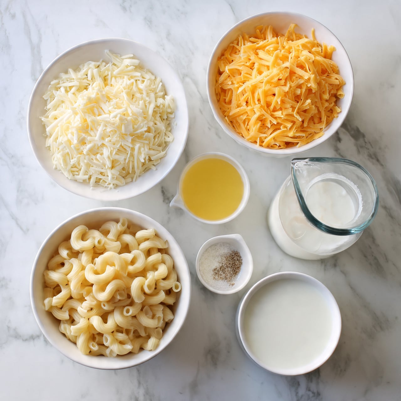 The image shows several white bowls and a glass cup arranged on a white marbled surface. In the largest white bowl at the bottom right, there is uncooked elbow macaroni pasta, light yellow in color and curved. To the left, another large white bowl is filled with shredded orange cheddar cheese. Above this, a smaller white bowl contains shredded pale yellow cheese. Next to it, a small white bowl holds white and brown powdered spices. A small white cup filled with yellow liquid, likely melted butter or oil, is placed on the right side. Near the top left corner, an open can reveals cream or evaporated milk, foamy and white. Finally, a glass measuring cup near the middle right holds a white liquid, likely milk or cream. photo taken with an iphone --ar 4:5 --v 7