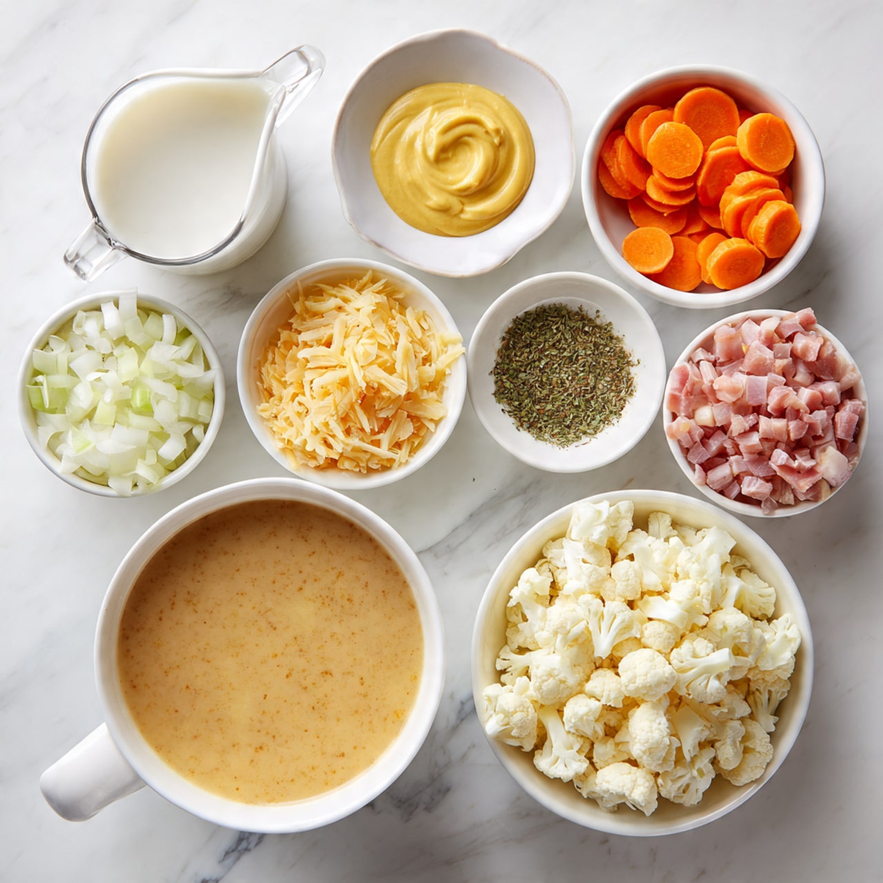 This image shows a top view of various ingredients arranged neatly on a white marbled surface. There are nine containers and a small pitcher arranged in a loose circle. Starting from the top left, a small glass pitcher holds white milk. Next to it is a small white bowl with smooth, yellow mustard. Below is a small white bowl with finely chopped light yellow garlic. To the right, a medium white bowl holds thick, round slices of bright orange carrots. Next to it is a small white bowl filled with a green sprinkle of dried herbs. Beside that is a medium white bowl filled with finely chopped pieces of pale pink bacon. Below, a large white bowl contains a creamy light orange-brown broth or stock. To its left, a medium white bowl holds diced white onions. Above that is a medium white bowl filled with chopped pale yellow cauliflower. Finally, above it is a small white bowl full of shredded pale yellow cheese. Everything is evenly spaced and clearly visible. Photo taken with an iphone --ar 4:5 --v 7