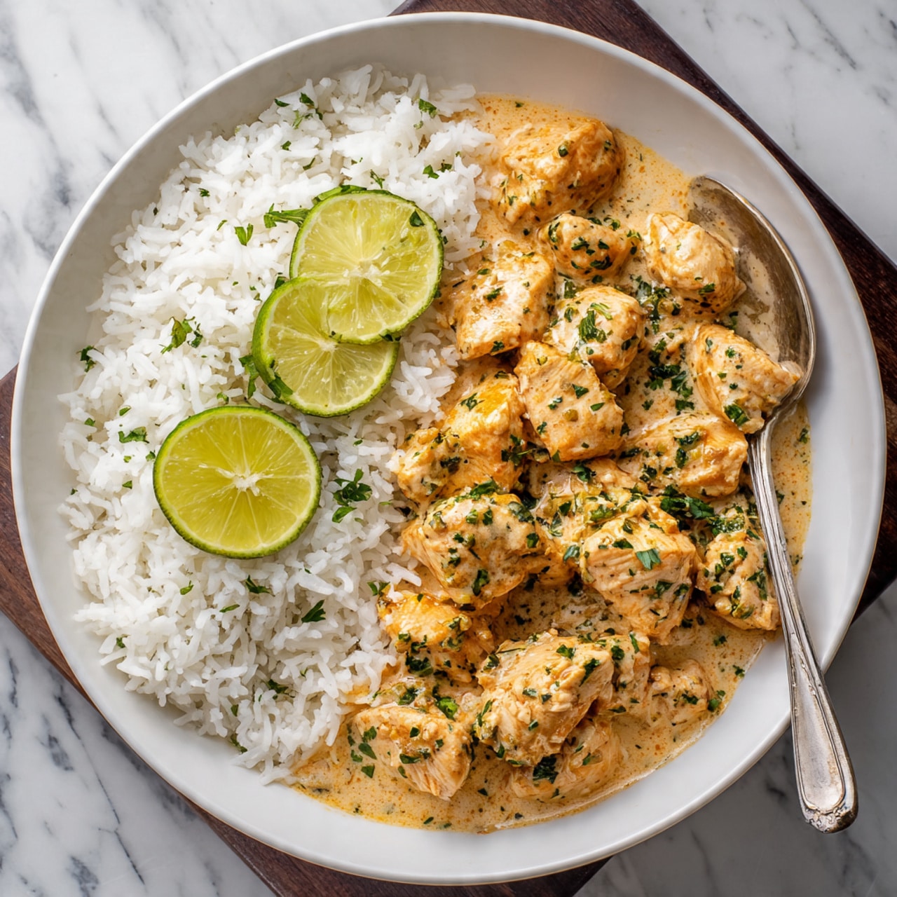 The image shows a white round plate filled with white rice on one side and creamy, light orange chicken pieces on the other side. The chicken has small green herbs sprinkled on top and is garnished with two thin, green lime slices placed on the rice. A silver spoon rests inside the plate on the right side. The plate is set on a dark wooden surface with a white marbled background. The colors are warm and fresh, and the textures show soft rice grains and smooth, saucy chicken pieces. Photo taken with an iphone --ar 4:5 --v 7