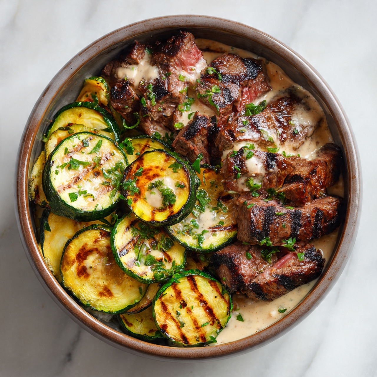 A deep bowl filled with three main layers: at the bottom, grilled zucchini round slices showing brown and green grill marks in bright yellow-green color; on top, grilled steak pieces with dark brown char marks, some slices revealing a pinkish inside; the steak is covered partly with a light brown creamy sauce sprinkled with small green parsley bits. The bowl is on a white marbled surface. photo taken with an iphone --ar 4:5 --v 7