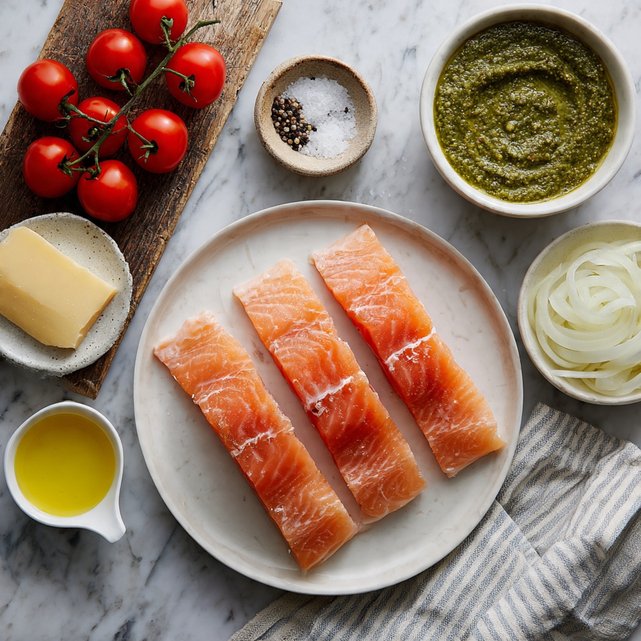 The image shows four pieces of raw pink-orange salmon laid out side by side on a round white plate, placed on a flat white marbled surface. To the top right of the salmon, there is a round white bowl filled with a thick green pesto sauce with a textured swirl on top. Below this bowl, a small white cup holds light golden-yellow oil with small specks visible inside. To the right of the salmon plate, there is a white bowl filled with thinly sliced white onions. Above, to the left of the pesto, a bunch of fresh bright red cherry tomatoes still on green stems rests on a rustic wooden board next to two small rustic bowls; one filled with coarse white salt and the other with ground black pepper. To the left of the salmon plate, there is a small white plate containing grated pale yellow cheese. A striped cloth with white and gray lines is partially shown on the marbled surface near the bottom left corner. Photo taken with an iphone --ar 4:5 --v 7