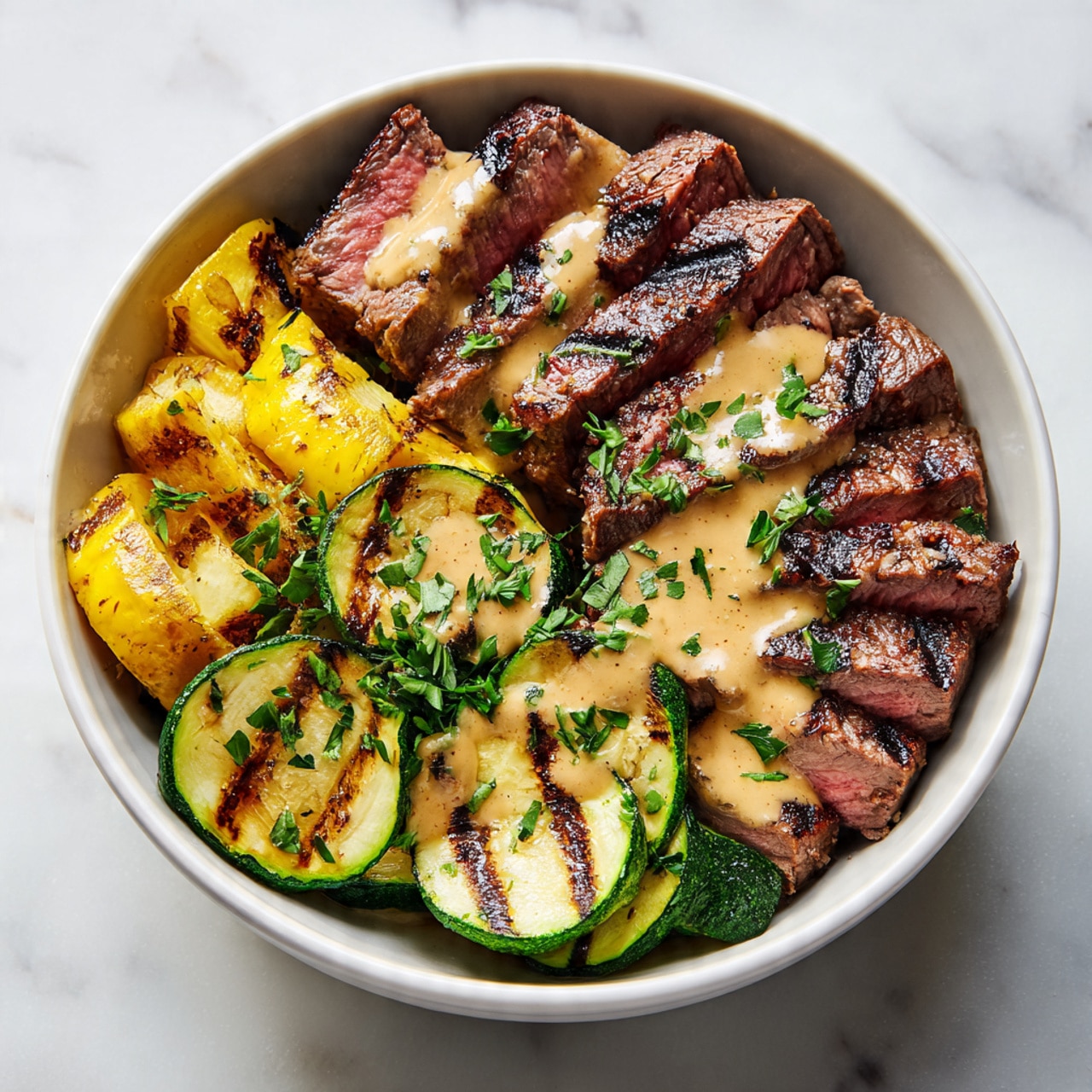 A bowl filled with grilled steak pieces, showing a juicy pink inside and a dark seared outside, arranged on one side. Next to the steak, there are yellow and green grilled zucchini slices with clear grill marks. On top of the steak, a creamy light brown sauce is drizzled, sprinkled with small green parsley leaves. The bowl is white, and the surface underneath has a white marbled texture. photo taken with an iphone --ar 4:5 --v 7