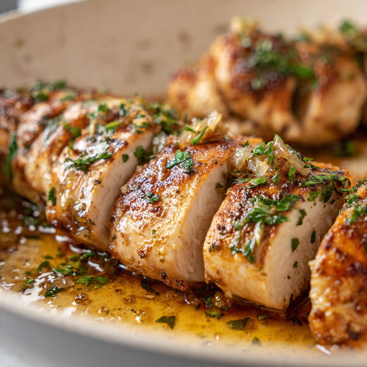 A close-up of a cooked sliced chicken with golden-brown seared edges in a white pan. The chicken is sliced into several thick pieces, showing a tender white inside and a shiny, slightly oily surface with herbs and small bits of cooked onion on top. There are green herb leaves sprinkled around and some darker browned spots on the chicken. The pan has some juices and oil pooling around the chicken, with a white marbled texture underneath. photo taken with an iphone --ar 4:5 --v 7
