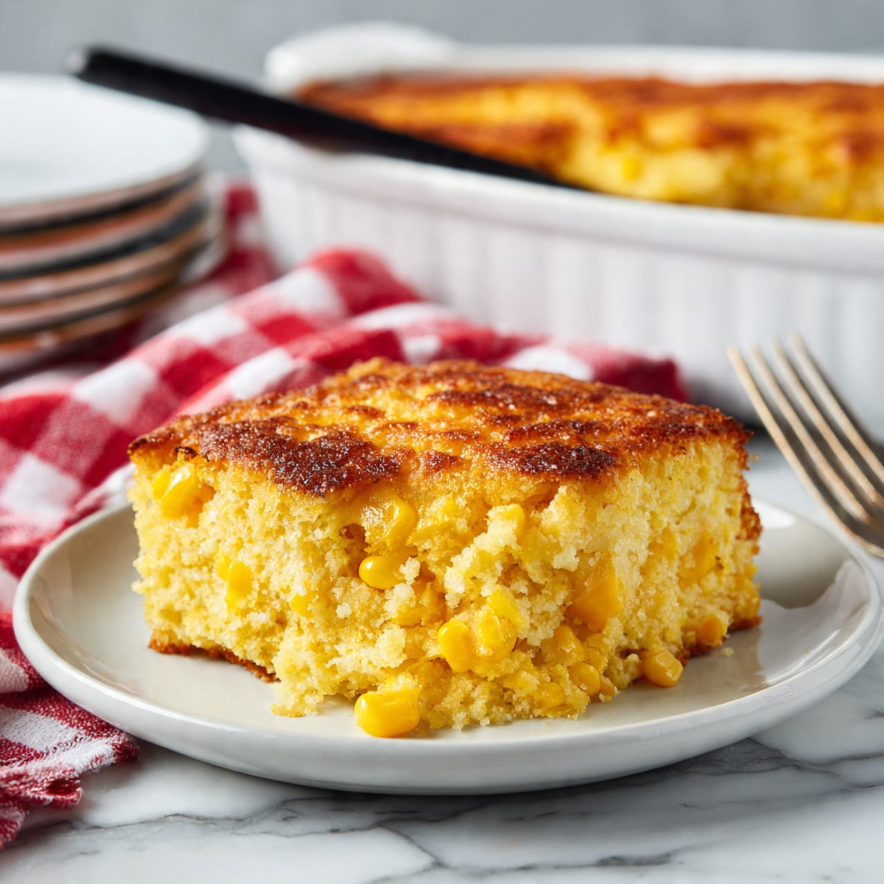A serving of golden baked corn casserole is placed in the center of a white plate, showing three main layers: a slightly crispy, browned top crust with a rough texture, a middle layer full of bright yellow corn kernels mixed with some creamy, soft batter, and a moist, tender bottom layer. The casserole looks thick and chunky, with melted butter visible in patches on top. In the background, a baking dish with more casserole and a black spoon rest on a white marbled surface, accompanied by a red and white checkered cloth, two forks, and packages of ingredients. The overall scene shows a cozy, homemade feel. photo taken with an iphone --ar 4:5 --v 7