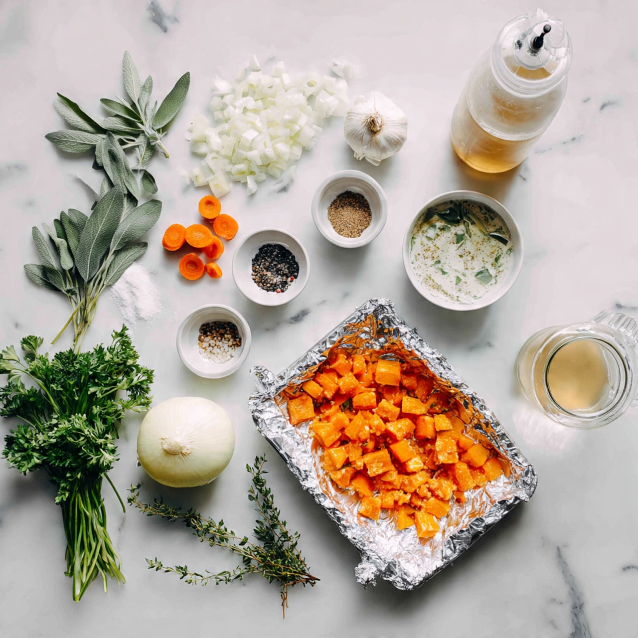 The image shows a cooking preparation scene on a white marbled surface with various ingredients neatly arranged. On the left side are fresh herbs like sage and thyme, a whole white onion and diced onion pieces, several garlic cloves, cut carrot chunks, and a few parsley sprigs scattered below. There are small white bowls containing salt, black pepper, butter, and honey. On the right side, a white tray covered with foil holds roasted small cubes of orange squash or sweet potato, spread evenly. Near the tray, there is a clear measuring cup with a white creamy liquid and a glass jar filled with light brown broth or stock beside a white bottle with a pump. The colors mainly include white, orange, green, and golden brown, creating a fresh and cozy cooking vibe. photo taken with an iphone --ar 4:5 --v 7
