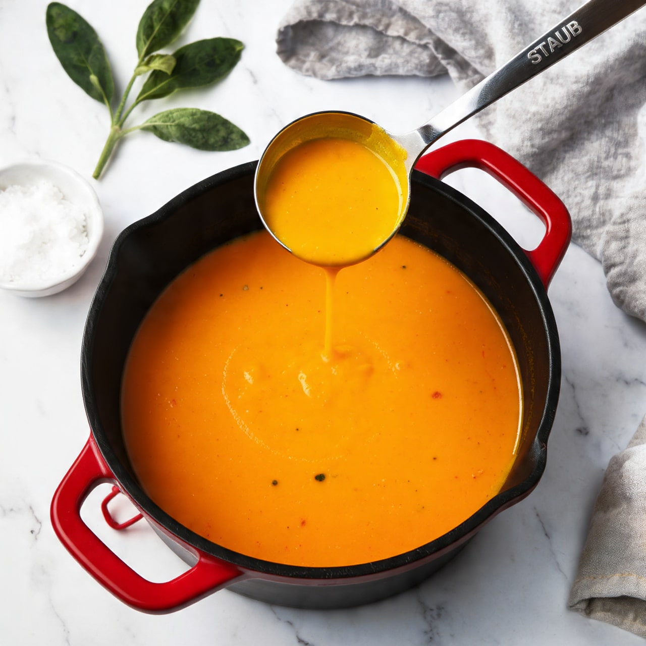 A bright orange smooth soup fills a round black pot with red handles, one handle labeled