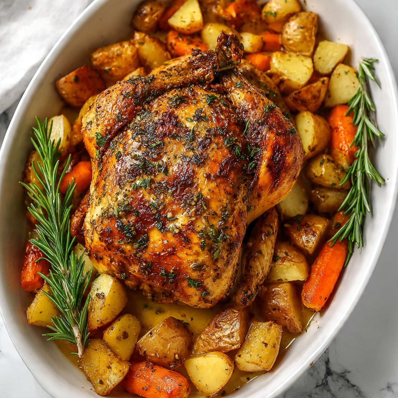 The image shows a whole roasted chicken with golden, crispy skin covered in herbs sitting on top of a bed of roasted potatoes and carrots. The potatoes are cut into small chunks and have a light brown color, while the carrots are sliced and have a bright orange shade. A sprig of fresh rosemary is placed on the side, adding a touch of green. The chicken and vegetables are arranged closely together in a white baking dish, and the texture of the roasted food looks slightly crispy with some soft areas. The background is a white marbled surface with a soft light shining on the dish, making the colors look warm and inviting. Photo taken with an iphone --ar 4:5 --v 7