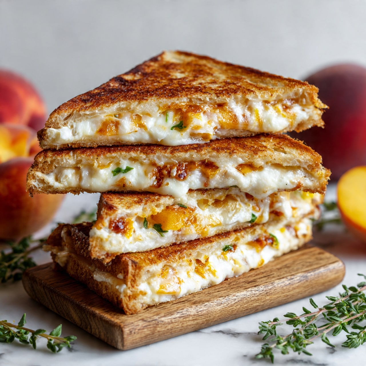 The image shows a toasted sandwich cut into triangular pieces stacked on a small wooden board. The sandwich has a golden brown, crispy outer layer with visible toasting marks. Inside, there are layers of melted cheese that stretch slightly between the pieces, with bits of soft, orange-colored filling that look like roasted or cooked vegetables. The background is a white marbled surface with a couple of whole peaches and fresh green herb sprigs arranged around the sandwich. The photo was taken with an iphone --ar 4:5 --v 7