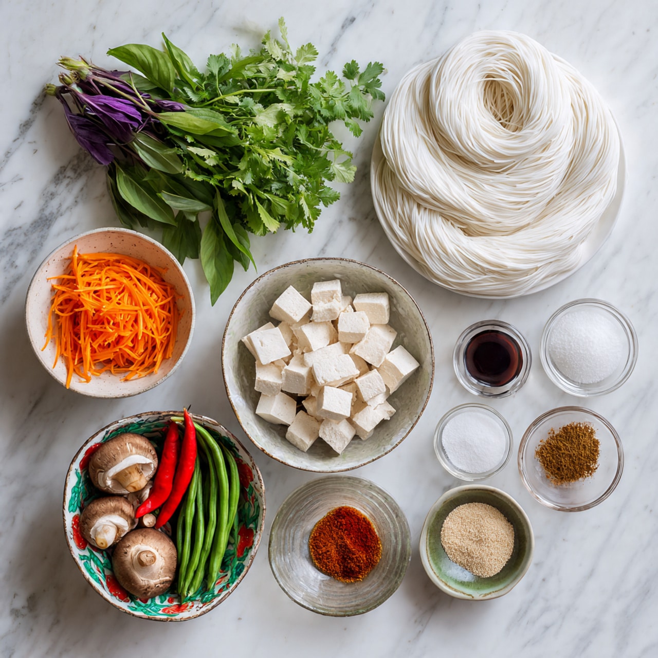 The image shows ingredients arranged on a white marbled surface for a meal preparation. There is a round white plate with thin white rice noodles coiled neatly on the right side. Above it, a bunch of fresh green herbs including cilantro and purple basil sit together. To the left, there is a white bowl filled with thin orange carrot strips. In front of these, a small white bowl contains light beige cubes, likely tofu or a type of crumbly ingredient. In the middle, a small clear glass bowl is filled with a reddish-brown powder, probably a spice. Below and to the left, a white bowl with a green and red pattern contains three whole mushrooms, two red chili peppers, long green beans, and a few green onions. Additional small bowls contain white sugar, dark soy sauce, and various brown powders or spices. Photo taken with an iphone --ar 4:5 --v 7
