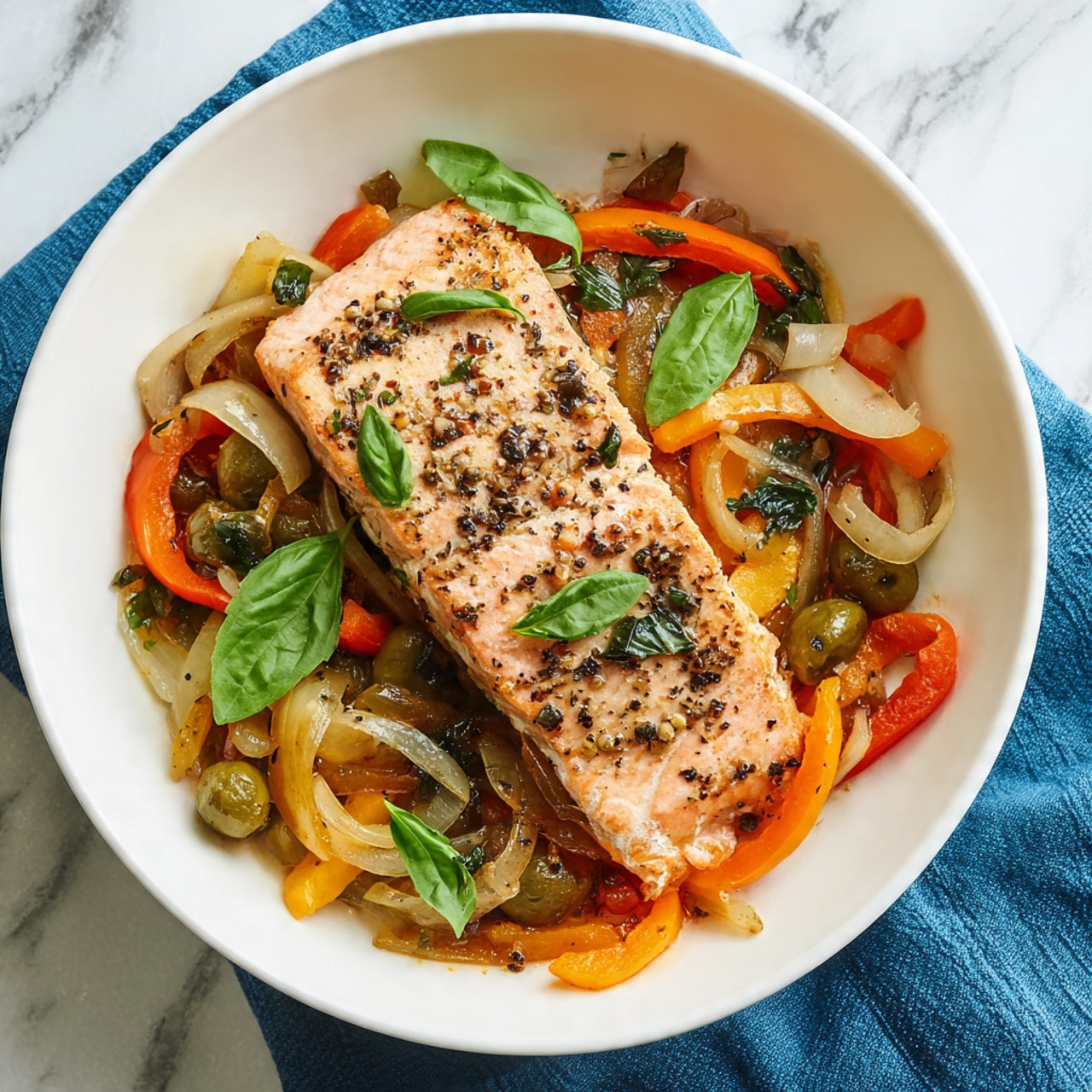 A white bowl holds a dish with a piece of cooked pink salmon on top, showing a moist, slightly flaky texture with black pepper seasoning sprinkled over it. Underneath and around the salmon, there is a mix of sautéed vegetables including orange bell pepper strips, sliced onions, and green olives, all with a soft and glossy appearance. Fresh green basil leaves are scattered on top and around the salmon, adding a lively green color and fresh look. The bowl is placed on a blue cloth on a white marbled surface. photo taken with an iphone --ar 4:5 --v 7