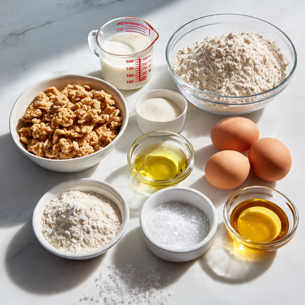 The image shows nine containers with baking ingredients on a white marbled surface. On the left, there is a white bowl filled with light brown granola pieces and oats. Next to it, a measuring cup contains white milk, with red measurement marks. Behind them, three brown eggs rest together. A large clear glass bowl holds a mound of white flour. In front, a small white bowl holds white salt, while another small bowl holds white baking powder. A white cup contains golden syrup, and a transparent bowl has light yellow oil. At the bottom, another white bowl is filled with coarse white salt crystals. Photo taken with an iphone --ar 4:5 --v 7