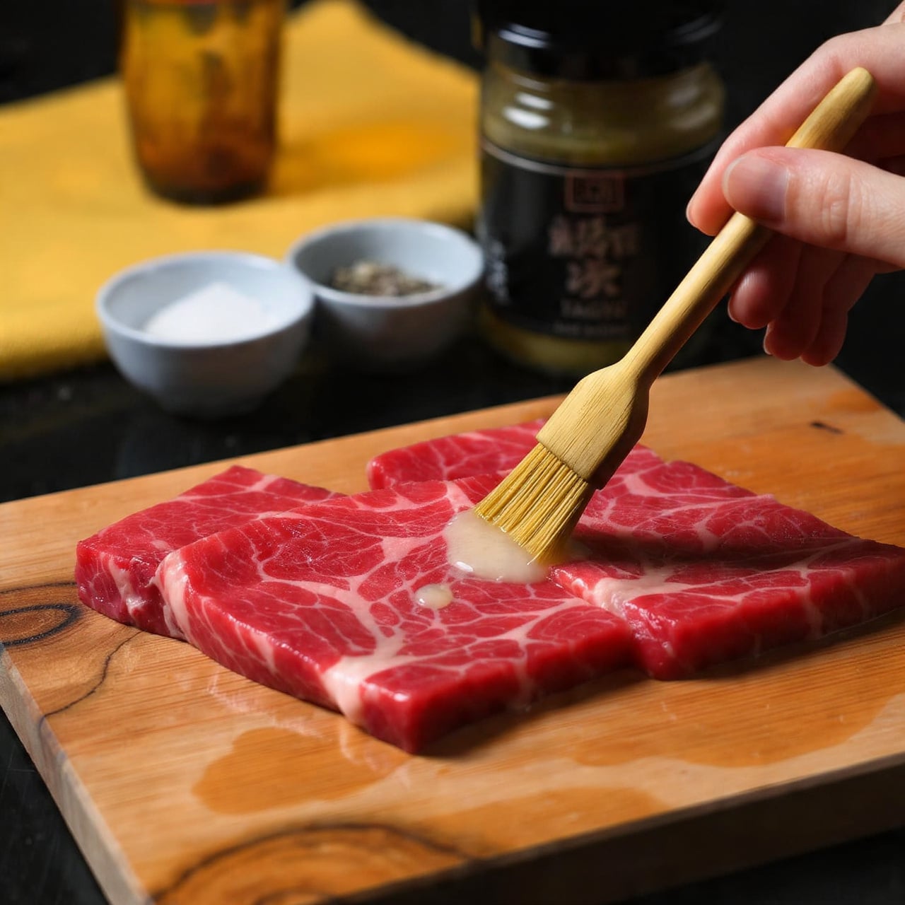 The image shows three raw red meat slices placed on a wooden board. One slice is closest to the camera, blurred, and the second slice is in the middle, being brushed with a light yellow liquid using a brush held by a woman's hand on the right side. Behind the meat is a jar labeled