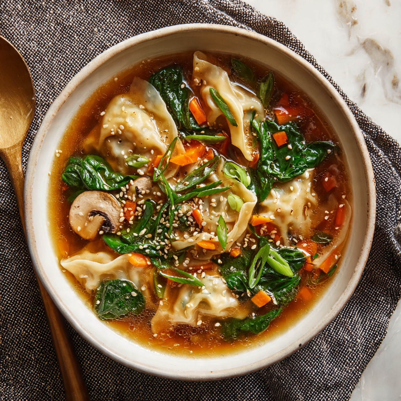A white bowl filled with clear brown broth holds soft, folded dumplings that are pale and slightly wrinkled. Bright green spinach leaves float among small diced orange carrots and scattered chopped green onions. A single slice of light brown mushroom with a darker top rests near the edge of the bowl. Tiny sesame seeds are sprinkled on the surface, adding texture. The bowl sits on a dark textured cloth with a white marbled surface visible in the background. Photo taken with an iphone --ar 4:5 --v 7