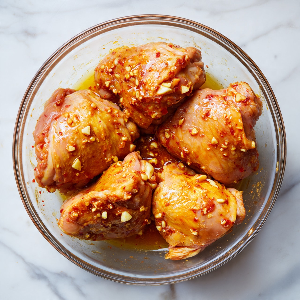 A clear glass bowl sits on a white marbled surface, filled with six large pieces of raw chicken thighs marinated in a reddish-yellow sauce with visible small white garlic bits and spices. The chicken pieces overlap slightly, showing smooth, slightly glossy skin with a mix of pale and reddish-orange shades from the marinade. The bowl is clean around the edges except for some sauce residue, giving a fresh, prepared-for-cooking look. Photo taken with an iphone --ar 4:5 --v 7