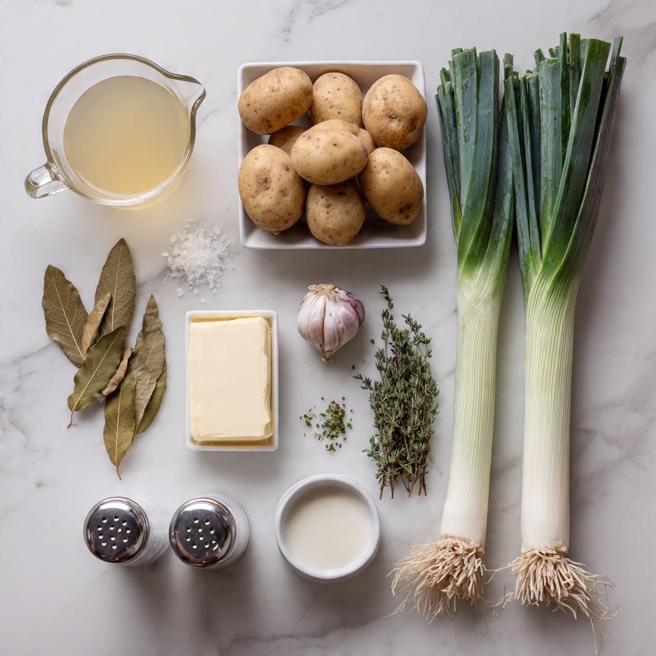 The image shows a white marbled surface with ingredients laid out neatly in layers. On the right, there is a white square bowl filled with several brown potatoes. Below the bowl is a set of salt and pepper shakers. In the middle, two long green and white leeks lie horizontally, with their roots visible on the right side. Above the leeks, starting from left to right, is a small bunch of green chives, some sprigs of thyme, and a whole bulb of garlic with a light purple tint. On the left side, there are three dried bay leaves, and above them, a clear glass measuring cup filled with a light golden liquid, most likely broth. Next to the measuring cup, a small white rectangular dish holds a block of pale yellow butter. Finally, a small clear white measuring cup contains a white liquid, likely cream, all placed on a clean white marbled surface. photo taken with an iphone --ar 4:5 --v 7