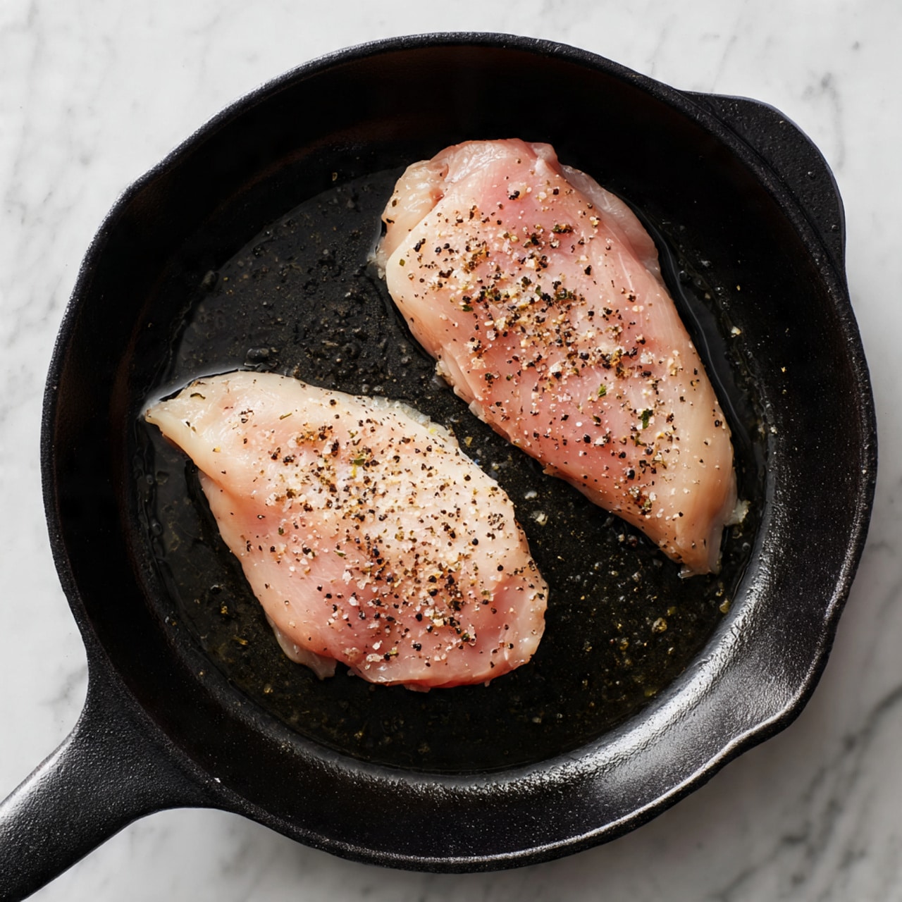 Two raw chicken pieces are placed in a black cast iron pan. Each piece is light pink with a smooth texture and is sprinkled with coarse black pepper and sea salt. The pan has a thin layer of oil that makes it shiny, and the pan sits on a white marbled surface. The top view shows the chicken pieces spaced apart in the pan. Photo taken with an iphone --ar 4:5 --v 7