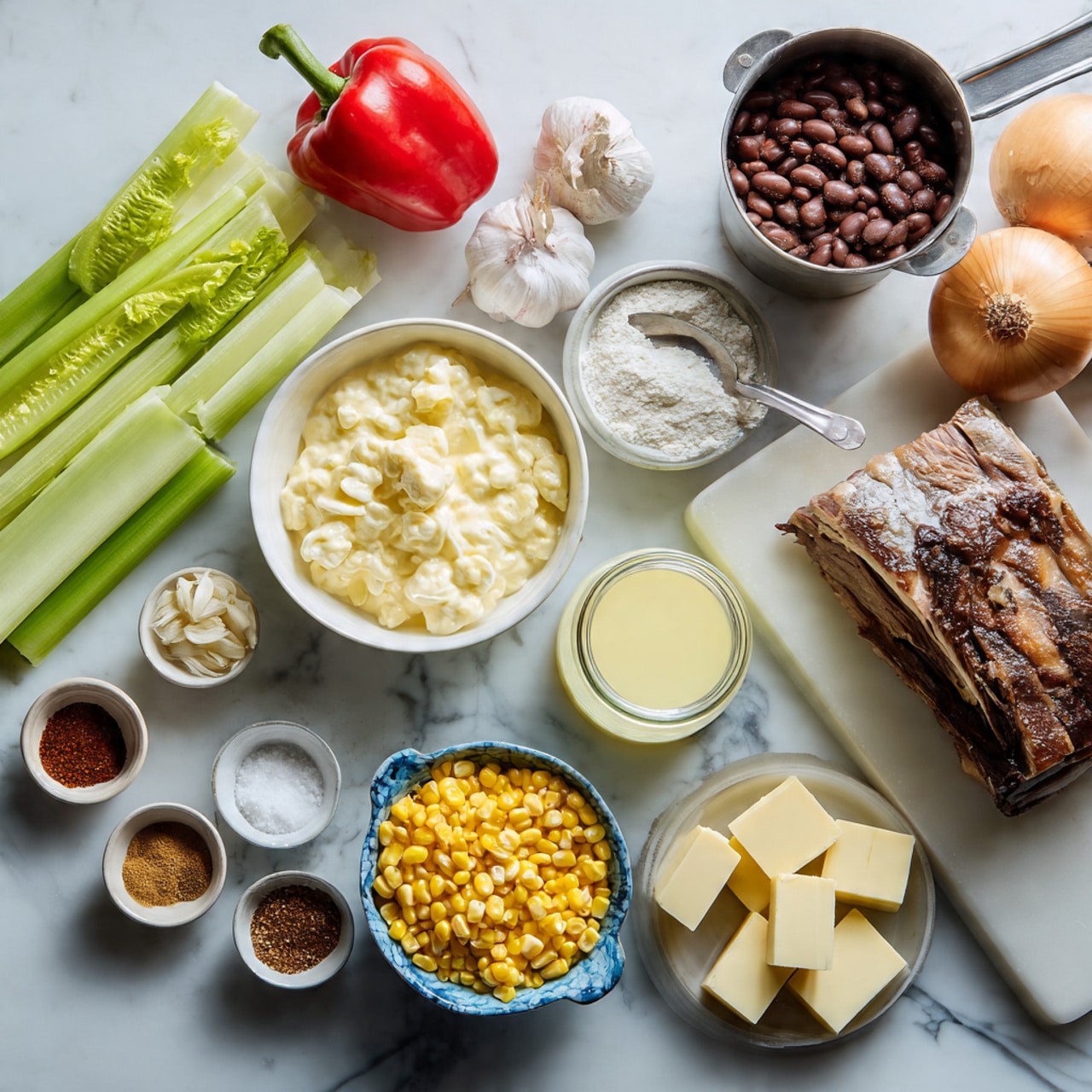 The image shows many ingredients placed on a white marbled surface. On the left, there are five celery sticks with leaves, a whole red bell pepper, and six garlic cloves scattered near the top. Next to them, a white bowl holds a yellow creamy mixture with visible small pieces. Above it, a metal cup is filled with dark brown beans. In the middle is a roasted piece of meat with brown and white skin, placed on a white board. There are two whole yellow onions on the right side, and beside them, a glass jar filled with light yellow liquid. A blue patterned bowl contains white powder with a spoon inside it. Around the bottom area, small white bowls hold different spices in red and brown colors, and a bigger white bowl is filled with bright yellow corn kernels. Cubes and blocks of pale yellow butter are arranged on a small dish near the bottom right. The photo taken with an iphone --ar 4:5 --v 7