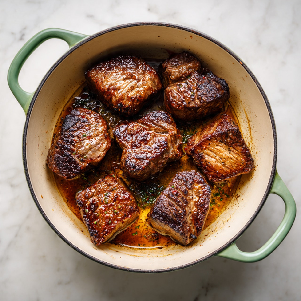 Seven pieces of browned meat with dark grill marks and a slightly crisp texture are arranged inside a white enamel pot with two light green handles, sitting on a white marbled surface. The meat pieces vary in size and shape, resting on a light tan base of rendered fat and browned bits that give a rich, cooked look. The pot's white interior contrasts with the deep brown of the seared meat, and the overall scene shows the meat cooking over heat with natural juices. photo taken with an iphone --ar 4:5 --v 7