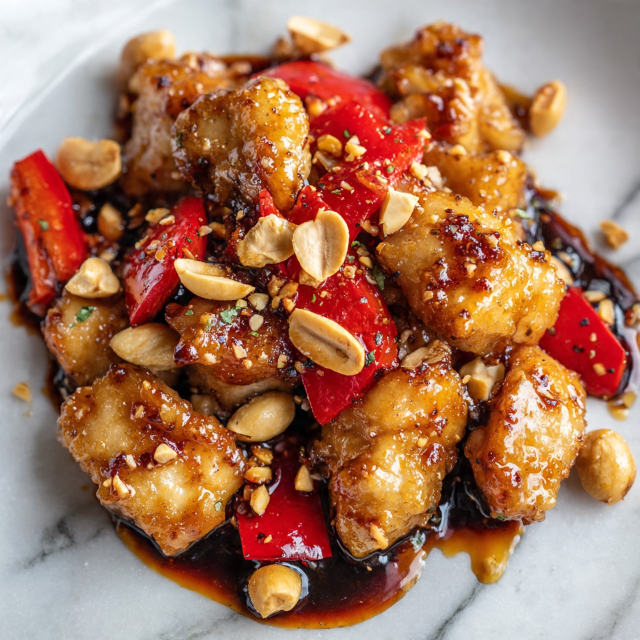The image shows a close-up of cooked chicken pieces that are golden brown with a shiny glaze, mixed with thin strips of red bell pepper and whole peanuts. The chicken pieces vary in size and have a slightly crispy texture on the edges. The glossy dark sauce covers the chicken and other ingredients, pooling slightly around them, giving the dish a rich and flavorful look. The background is a white marbled texture. photo taken with an iphone --ar 4:5 --v 7