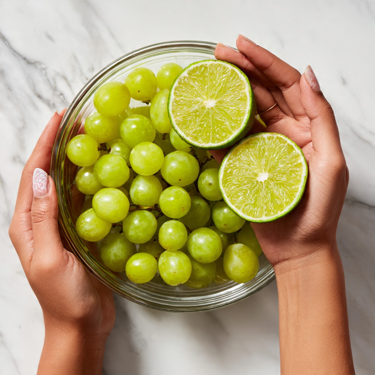 A clear glass bowl filled with a pile of small, round green grapes sits on a white marbled surface. Above the bowl, a woman's two hands hold a freshly sliced lime, displaying the bright green, juicy interior with visible segments and a small white center on each half. The lime halves are held close together, positioned directly over the grapes, highlighting the fresh, vibrant colors of the fruit. The photo taken with an iphone --ar 4:5 --v 7