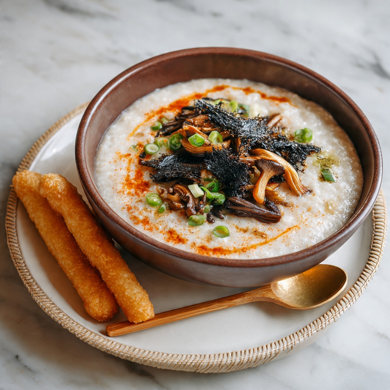 A brown bowl filled with creamy white porridge is set on a white plate with a stitched edge. On top of the porridge are thin dark strips of seaweed, light brown fried garlic slices, dark brown mushroom slices, and fresh green sliced scallions. There is a reddish-orange drizzle around the edges adding some color contrast. Next to the bowl on the plate are two golden-brown fried dough sticks. A light wooden spoon rests inside the bowl. The whole setting is on a white marbled surface. photo taken with an iphone --ar 4:5 --v 7