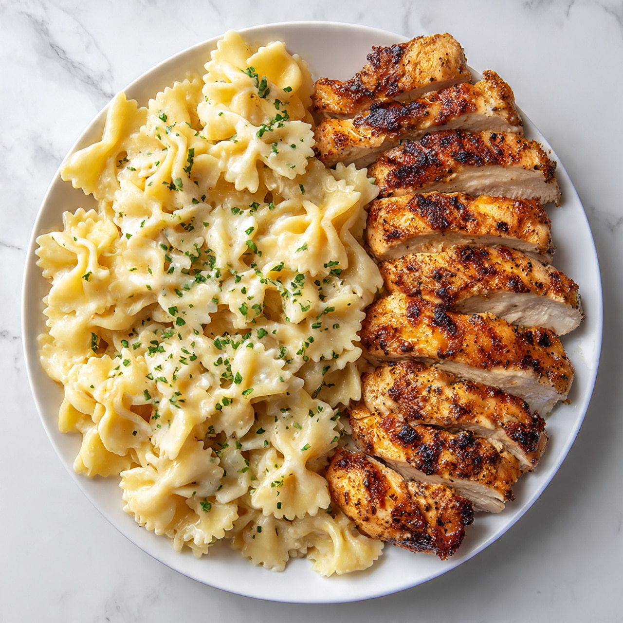 The image shows a white plate on a white marbled surface filled with two main parts: on the left side, there is a creamy yellow pasta with bow-tie shapes, topped with small green herb sprinkles; on the right side, there is a row of grilled, golden-brown chicken pieces with a slightly charred texture and some visible seasoning, arranged neatly from top to bottom. The colors contrast nicely between the creamy pasta and the darker, grilled chicken. Photo taken with an iphone --ar 4:5 --v 7