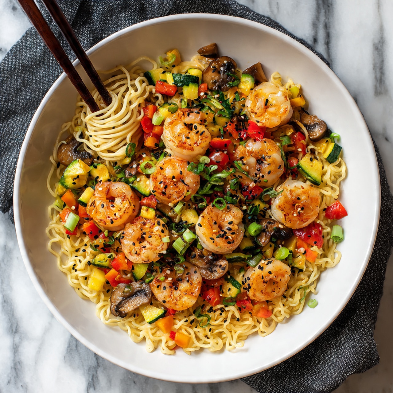 A white bowl filled with three visible layers starts with a base of light yellow cooked noodles spread evenly across the bowl. On top, there is a colorful mix of small red and orange diced bell peppers, sliced brown mushrooms, and green zucchini pieces adding texture and color contrast. Scattered over the vegetables are several pinkish shrimp, some with light brown sear marks. The dish is garnished with small green onion pieces and a sprinkle of black sesame seeds. A pair of dark brown chopsticks rests on the edge of the bowl, lifting a small bundle of noodles. The bowl sits on a white marbled surface with a dark gray cloth partially under it. Photo taken with an iphone --ar 4:5 --v 7