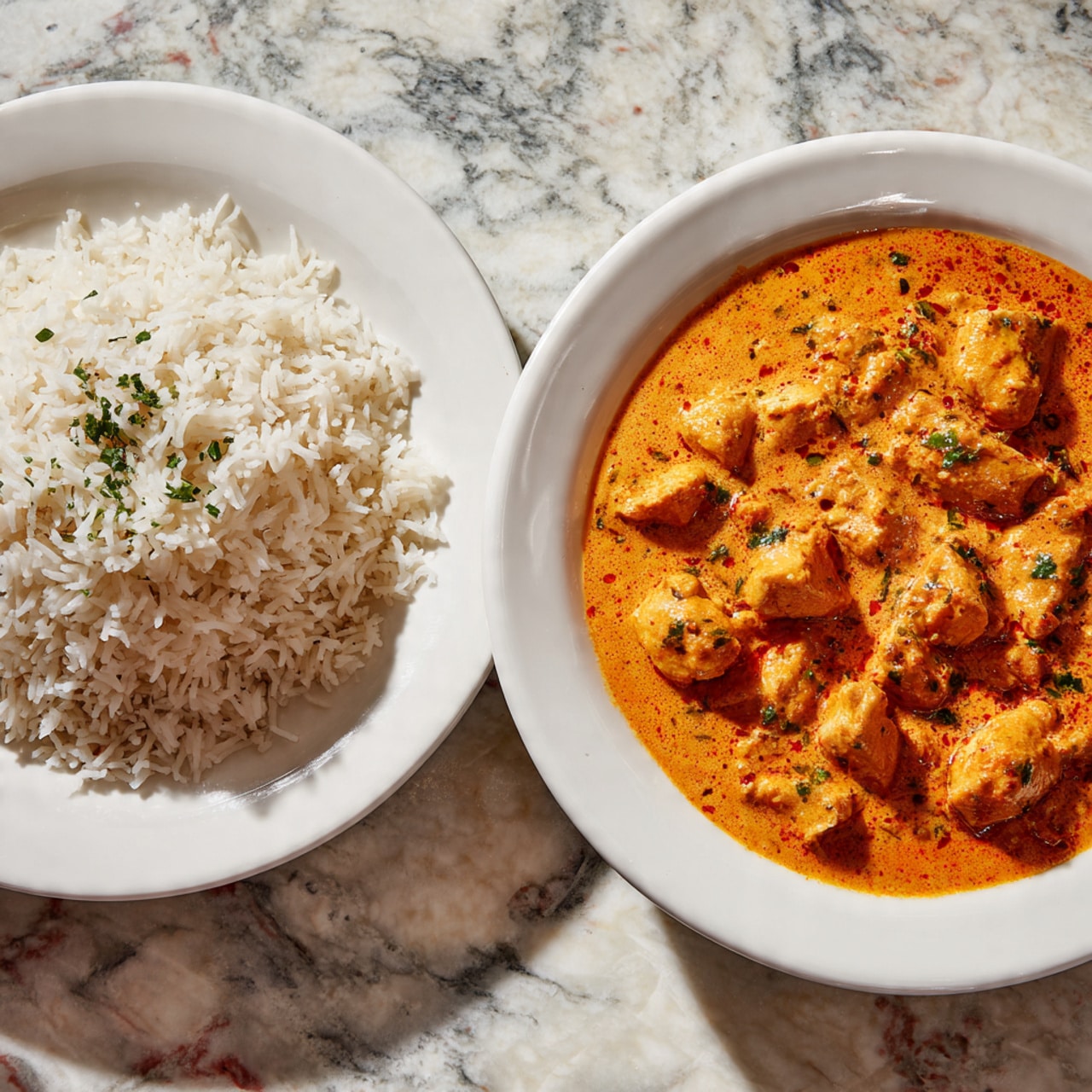 A white plate with two main sections: on the left, a heap of fluffy white rice with some small green herbs sprinkled on top, showing a soft and light texture; on the right, an orange creamy curry with chunks of tender chicken, covered in thick sauce with small green herb pieces scattered across the surface; the food rests on a white marbled texture surface in the background. photo taken with an iphone --ar 4:5 --v 7