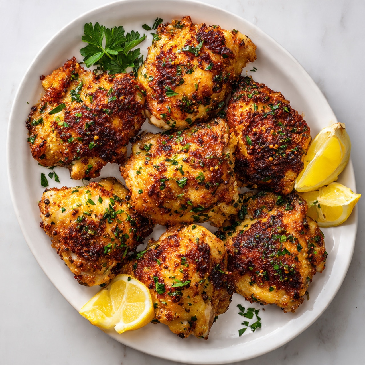 The image shows a white oval plate on a white marbled surface, filled with seven pieces of cooked chicken thighs. The chicken thighs are golden brown with a crispy texture, sprinkled with green herbs and small black pepper bits. The chicken pieces are arranged closely together, covering the entire plate. In the top right corner, there are two lemon wedges, and fresh green herbs lie near the plate's edge. Photo taken with an iphone --ar 4:5 --v 7