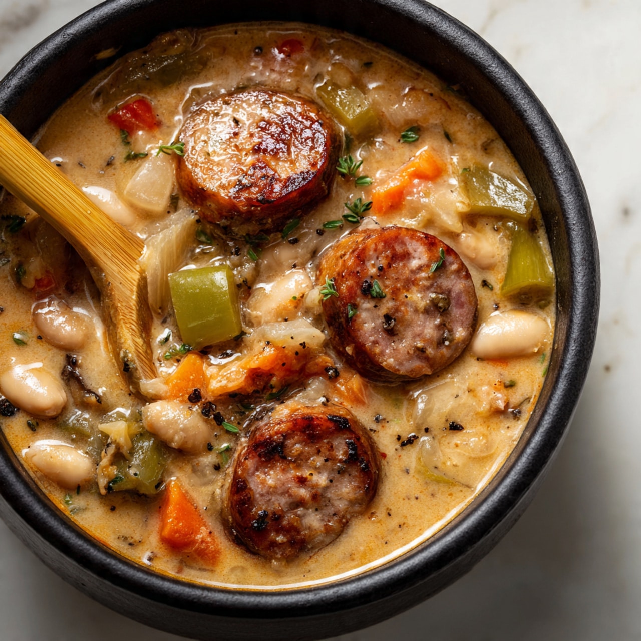 A close-up of a black pot filled with a thick, creamy stew showing three main layers: large round sausage slices with a browned, slightly shiny outside floating on top, mixed with visible chunks of orange carrots and green bell peppers, all sitting in a creamy light brown broth; beneath, soft white and beige beans appear nestled, adding a smooth and chunky texture; a wooden spoon with a light yellowish brown color is stirring inside the pot. The pot is set against a white marbled surface. photo taken with an iphone --ar 4:5 --v 7