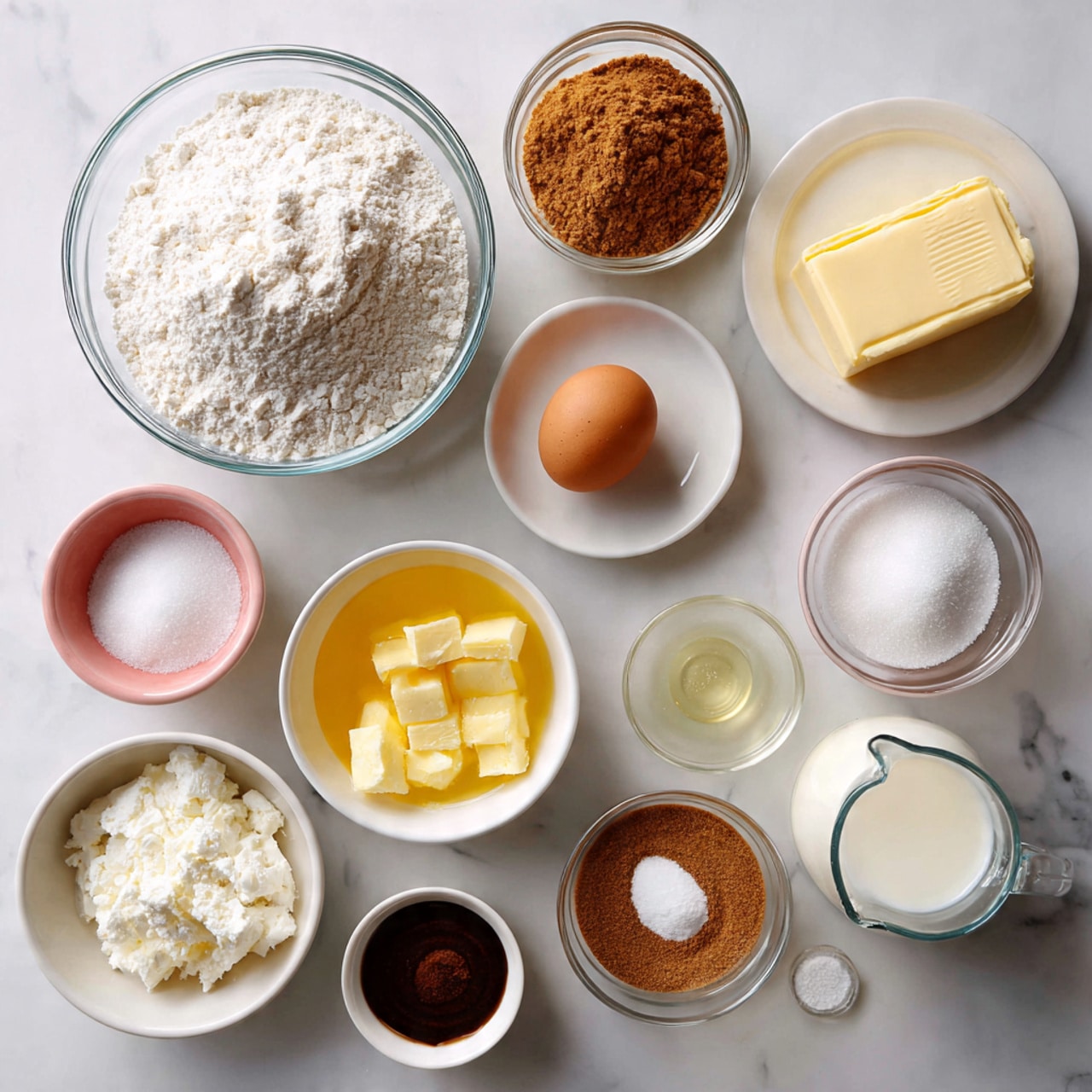 The image shows several ingredients arranged neatly on a white marbled surface, ready for baking. There is a clear glass bowl filled with white flour, a white bowl holding one brown egg, a white bowl with melted yellow butter, and another white bowl with white granulated sugar. A small glass bowl contains a light yellow liquid, and nearby are tiny glass bowls with baking soda, baking powder, and salt. Another white bowl has white powdered sugar, while a pink bowl holds brown sugar. There is a white plate with a stick of butter, a clear small bowl with a dark brown liquid, and a glass measuring cup filled with milk. Small bowls contain cinnamon and cream cheese, and a white canister of some kind is on the side. The setup is clean and bright, with all items clearly visible, on a white marbled surface. photo taken with an iphone --ar 4:5 --v 7