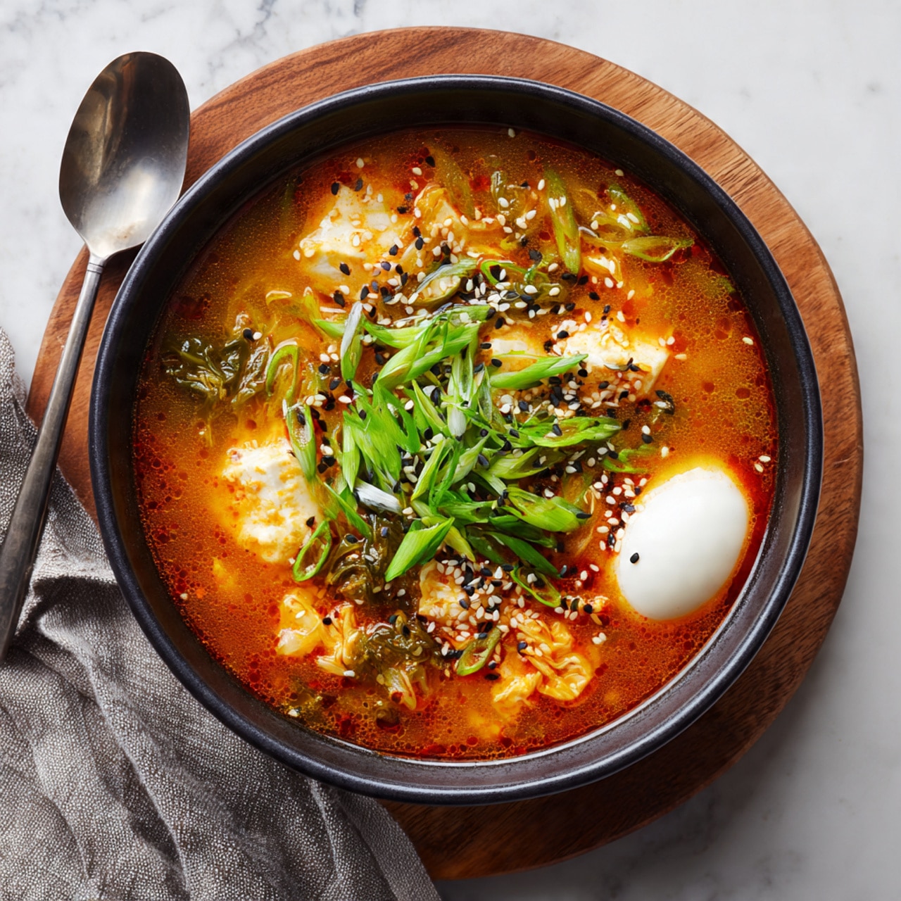 A round black bowl filled with spicy red-orange soup with visible layers of soft white tofu pieces, napa cabbage chunks, and shredded ingredients mixed in the broth. The top layer shows green onions and long green chives placed in the center, with sprinkled black and white sesame seeds scattered around. A single boiled egg with a smooth white surface is near the edge of the bowl. The bowl rests on a wooden board on a white marbled surface, with a gray cloth nearby. photo taken with an iphone --ar 4:5 --v 7
