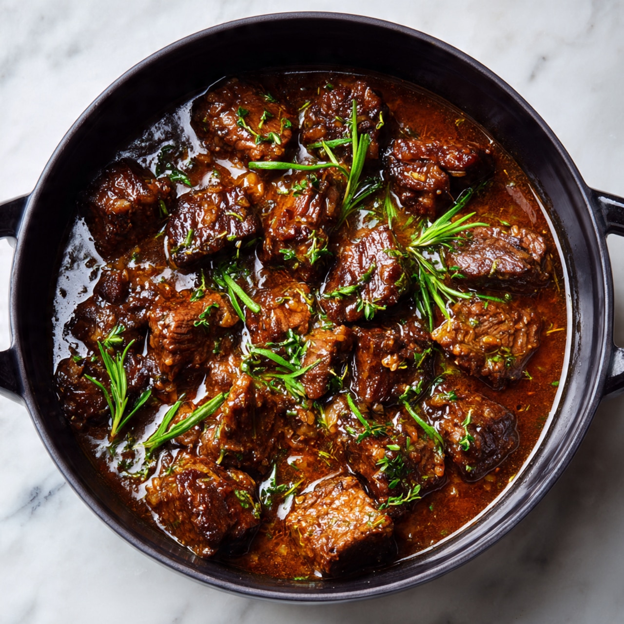 This image shows a deep black pot filled with rich brown beef stew pieces in a thick, glossy sauce that pools at the bottom. The beef chunks are uneven but hearty, with a browned crust and tender texture. Bright green herbs are sprinkled over the beef, adding a touch of freshness and color contrast. The pot’s interior dark surface frames the stew, and the sauce shines with a warm, satisfying glow. The whole scene sits on a white marbled surface, emphasizing the deep colors and textures of the dish photo taken with an iphone --ar 4:5 --v 7