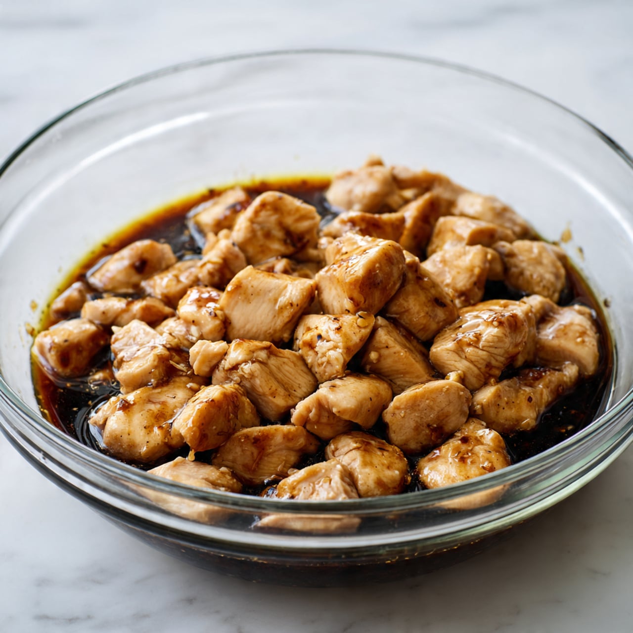 The image shows a clear glass bowl filled with bite-sized pieces of light brown raw chicken marinating in a dark brown sauce. The chicken pieces have a slightly shiny, wet texture from the sauce, and the sauce pools at the bottom inside the bowl, creating a dark contrast to the lighter color of the chicken. The bowl is placed on a white marbled surface, which adds a clean, soft background to highlight the rich colors of the chicken and sauce. photo taken with an iphone --ar 4:5 --v 7