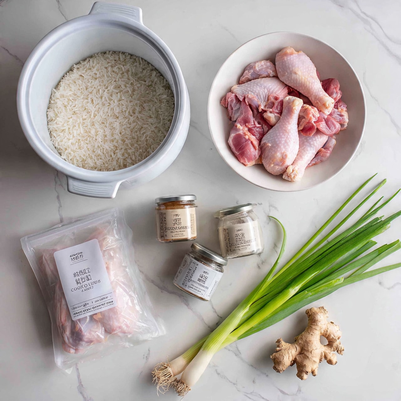 The image shows a top view of several ingredients on a white marbled wooden surface. On the left side, there is a white rice cooker pot filled halfway with uncooked white rice. Next to it is a sealed vacuum pack with pale pink chicken drumsticks. Above the vacuum pack, there is a white bowl filled with raw chicken pieces showing pink and red hues with bits of white fat. Near the center, two small jars with labels for chicken stock concentrate and seasoning sit close together. A bunch of fresh green spring onions with white bases extends diagonally across the bottom right corner, accompanied by a small piece of fresh ginger root in the lower right. The overall setting has a clean and fresh feel. Photo taken with an iphone --ar 4:5 --v 7