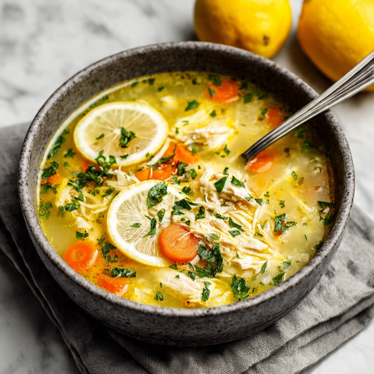 A deep gray stone bowl filled with light yellow chicken soup with shredded white chicken pieces, small orange carrot chunks, finely chopped green herbs scattered on top, and two thin round lemon slices placed near the center. A silver spoon rests inside the bowl on the right side. The bowl sits on a gray cloth on a white marbled surface, with two whole yellow lemons blurred in the background. photo taken with an iphone --ar 4:5 --v 7
