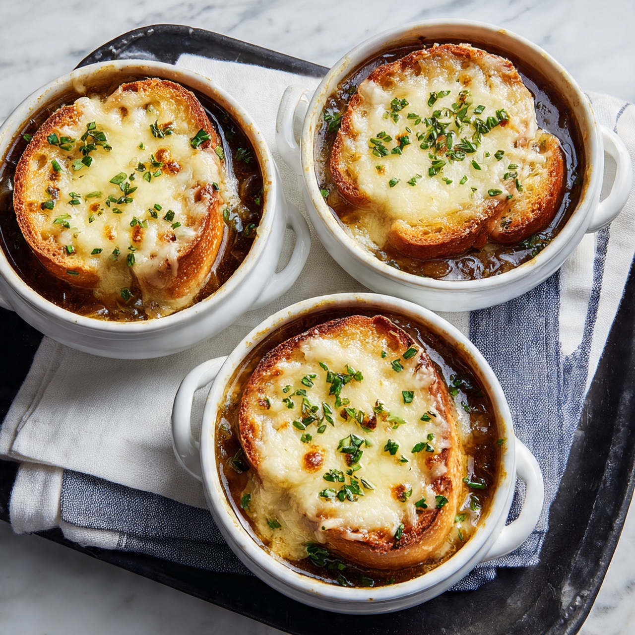 The image shows three white bowls filled with dark brown French onion soup on a white marbled surface. Each bowl is topped with a thick layer of melted pale yellow cheese that covers toasted slices of light golden brown bread, slightly spilling over the edges of the bowls. Small green herb pieces are scattered on the cheese, adding a fresh touch. The bowls are placed on a black tray with a white cloth that has blue stripes in the background. photo taken with an iphone --ar 4:5 --v 7