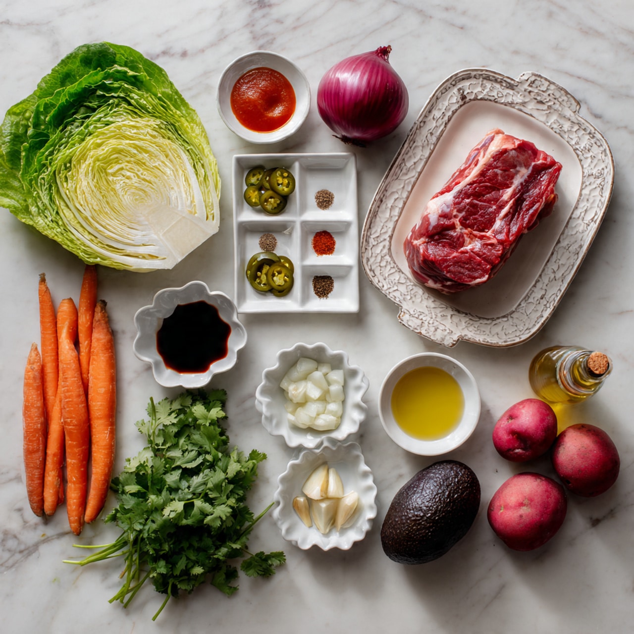 The image shows many fresh ingredients laid out on a white marbled surface. At the top right, there is a large piece of raw red meat on a white ornate rectangular plate. Below the meat, a whole red onion sits near a small white dish with three different spices arranged in a row. To the left of the onion, there is a small bowl of red sauce and another bowl with green pickled jalapeño slices. Below those, a white scalloped dish holds minced garlic. At the bottom left side, there is a head of romaine lettuce and a bunch of fresh green cilantro. Next to these greens, two bright orange carrots lie parallel, above two red potatoes. To the right of the potatoes is a whole dark purple avocado and three small red radishes with stems. A small lime is near the radishes, along with small white bowls containing dark soy sauce, amber honey, a clear liquid, and a little olive oil bottle. The ingredients are all vibrant and fresh, arranged neatly and cleanly across the white marbled surface, photo taken with an iphone --ar 4:5 --v 7
