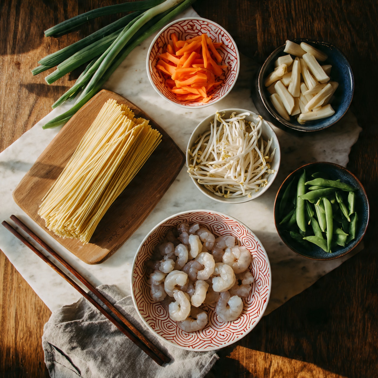 The image shows several ingredients arranged on a dark wooden table with a white marbled texture beneath. In the center bottom, there is a white bowl with a red geometric pattern filled with raw peeled shrimp with tails on. To the left, a wooden board holds a bundle of pale yellow noodles. Above the board are five small bowls: a white bowl with a red pattern holding sliced white rounds, a dark blue bowl with orange julienned carrots, a smaller white bowl with bamboo shoots, another dark blue bowl filled with white bean sprouts, and a plain white bowl holding green snap peas. There are also green onions lying on the table in the top left corner. Two dark brown chopsticks rest beside the bowl of shrimp, and a gray cloth is partially visible under the cutting board. The lighting is natural and soft, and the photo taken with an iphone --ar 4:5 --v 7