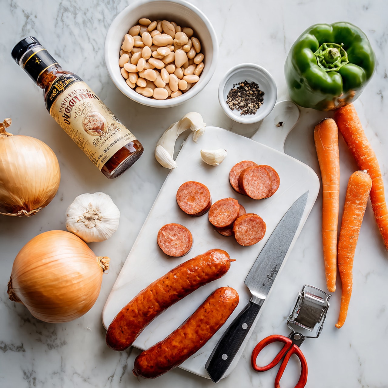 The image shows ingredients arranged on a white marbled surface, centered around a white cutting board with sausage slices scattered across it. At the bottom, two long, whole sausages rest next to a silver knife with a black handle. To the right of the board, two whole bright orange carrots lean side by side, with a few garlic cloves nearby. On the left side, a whole yellow onion and some garlic bulbs sit next to a whole, shiny green bell pepper near the top. Above the cutting board, there is a white bowl filled with light brown and beige beans. A bottle of Worcestershire sauce with a beige label is placed toward the upper left corner, and a small white bowl with black pepper is positioned near the top right. Red scissors and a metal garlic press complete the scene, all set on the white marbled texture photo taken with an iphone --ar 4:5 --v 7